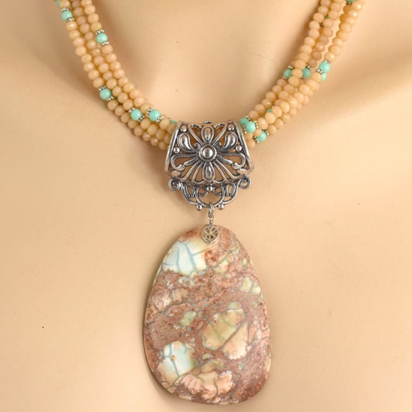 Faceted Glass & Sea Sediment Jasper Necklace Set - Picture 4 of 5